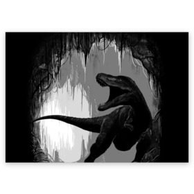Поздравительная открытка с принтом Пещера динозавра в Новосибирске, 100% бумага | плотность бумаги 280 г/м2, матовая, на обратной стороне линовка и место для марки
 | Тематика изображения на принте: animal | beast | dino | rage | roar | динозавр | животное | зверь | земля | пещера | рык | эра | ярость