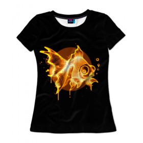 Женская футболка 3D с принтом Золотая рыбка в Новосибирске, 100% полиэфир ( синтетическое хлопкоподобное полотно) | прямой крой, круглый вырез горловины, длина до линии бедер | агрессивные | арт | веселые | дыым | интересные | новинки | огонь | пламя | популярное | узор