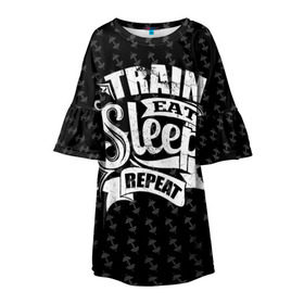 Детское платье 3D с принтом Train Eat Sleep Repeat в Новосибирске, 100% полиэстер | прямой силуэт, чуть расширенный к низу. Круглая горловина, на рукавах — воланы | body | crossfit | force | hard | power | powerlifting | sport | strength | strong | train | workout | бодибилдер | бодибилдинг | воркаут | крепость | кроссфит | пауэрлифтинг | сила | спорт | тело | тренировка