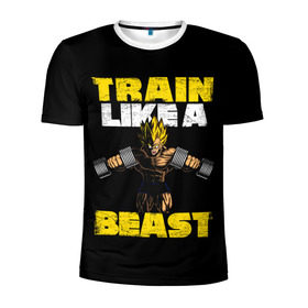 Мужская футболка 3D спортивная с принтом Train Like a Beast в Новосибирске, 100% полиэстер с улучшенными характеристиками | приталенный силуэт, круглая горловина, широкие плечи, сужается к линии бедра | dragon ball | strong | workout | воркаут | драгон бол