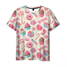 Мужская футболка 3D с принтом Радости и сладости в Новосибирске, 100% полиэфир | прямой крой, круглый вырез горловины, длина до линии бедер | Тематика изображения на принте: глазурь | кексы | конфеты | леденцы | пончик | сладости