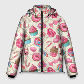 Мужская зимняя куртка 3D с принтом Радости и сладости в Новосибирске, верх — 100% полиэстер; подкладка — 100% полиэстер; утеплитель — 100% полиэстер | длина ниже бедра, свободный силуэт Оверсайз. Есть воротник-стойка, отстегивающийся капюшон и ветрозащитная планка. 

Боковые карманы с листочкой на кнопках и внутренний карман на молнии. | глазурь | кексы | конфеты | леденцы | пончик | сладости