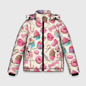 Зимняя куртка для мальчиков 3D с принтом Радости и сладости в Новосибирске, ткань верха — 100% полиэстер; подклад — 100% полиэстер, утеплитель — 100% полиэстер | длина ниже бедра, удлиненная спинка, воротник стойка и отстегивающийся капюшон. Есть боковые карманы с листочкой на кнопках, утяжки по низу изделия и внутренний карман на молнии. 

Предусмотрены светоотражающий принт на спинке, радужный светоотражающий элемент на пуллере молнии и на резинке для утяжки | глазурь | кексы | конфеты | леденцы | пончик | сладости