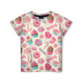 Детская футболка 3D с принтом Радости и сладости в Новосибирске, 100% гипоаллергенный полиэфир | прямой крой, круглый вырез горловины, длина до линии бедер, чуть спущенное плечо, ткань немного тянется | Тематика изображения на принте: глазурь | кексы | конфеты | леденцы | пончик | сладости