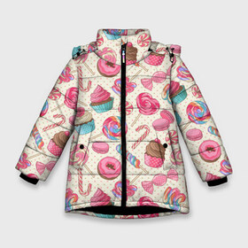 Зимняя куртка для девочек 3D с принтом Радости и сладости в Новосибирске, ткань верха — 100% полиэстер; подклад — 100% полиэстер, утеплитель — 100% полиэстер. | длина ниже бедра, удлиненная спинка, воротник стойка и отстегивающийся капюшон. Есть боковые карманы с листочкой на кнопках, утяжки по низу изделия и внутренний карман на молнии. 

Предусмотрены светоотражающий принт на спинке, радужный светоотражающий элемент на пуллере молнии и на резинке для утяжки. | глазурь | кексы | конфеты | леденцы | пончик | сладости