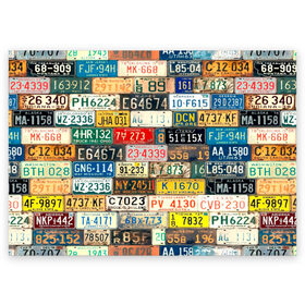 Поздравительная открытка с принтом Автомобильные номера мира в Новосибирске, 100% бумага | плотность бумаги 280 г/м2, матовая, на обратной стороне линовка и место для марки
 | art | collage | country | number | retro | road | world | автомобильные | искусство | коллаж | мир | номера | ретро | страны