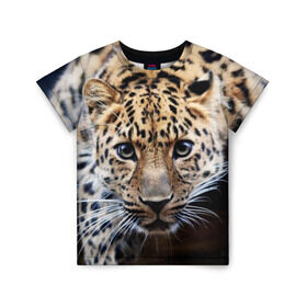 Детская футболка 3D с принтом Леопард в Новосибирске, 100% гипоаллергенный полиэфир | прямой крой, круглый вырез горловины, длина до линии бедер, чуть спущенное плечо, ткань немного тянется | Тематика изображения на принте: взгляд | глаза | дикая кошка | леопард | хищник