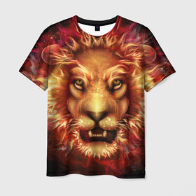 Мужская футболка 3D с принтом Огненный лев в Новосибирске, 100% полиэфир | прямой крой, круглый вырез горловины, длина до линии бедер | Тематика изображения на принте: animal | fire | flame | head | lion | look | predator | взгляд | голова | животное | лев | огненный | огонь | пламя | хищник