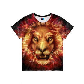 Детская футболка 3D с принтом Огненный лев в Новосибирске, 100% гипоаллергенный полиэфир | прямой крой, круглый вырез горловины, длина до линии бедер, чуть спущенное плечо, ткань немного тянется | animal | fire | flame | head | lion | look | predator | взгляд | голова | животное | лев | огненный | огонь | пламя | хищник