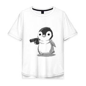 Мужская футболка хлопок Oversize с принтом пингвин в Новосибирске, 100% хлопок | свободный крой, круглый ворот, “спинка” длиннее передней части | gun | penguin | shotgun | tmblr | tumbler | пингвин | пистолет
