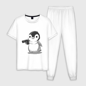 Мужская пижама хлопок с принтом пингвин в Новосибирске, 100% хлопок | брюки и футболка прямого кроя, без карманов, на брюках мягкая резинка на поясе и по низу штанин
 | gun | penguin | shotgun | tmblr | tumbler | пингвин | пистолет