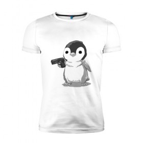 Мужская футболка премиум с принтом пингвин в Новосибирске, 92% хлопок, 8% лайкра | приталенный силуэт, круглый вырез ворота, длина до линии бедра, короткий рукав | gun | penguin | shotgun | tmblr | tumbler | пингвин | пистолет
