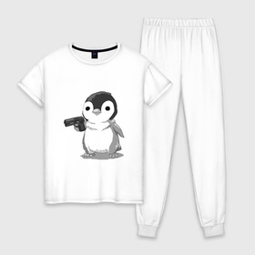 Женская пижама хлопок с принтом пингвин в Новосибирске, 100% хлопок | брюки и футболка прямого кроя, без карманов, на брюках мягкая резинка на поясе и по низу штанин | gun | penguin | shotgun | tmblr | tumbler | пингвин | пистолет