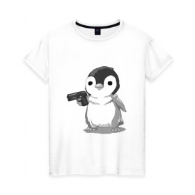 Женская футболка хлопок с принтом пингвин в Новосибирске, 100% хлопок | прямой крой, круглый вырез горловины, длина до линии бедер, слегка спущенное плечо | gun | penguin | shotgun | tmblr | tumbler | пингвин | пистолет