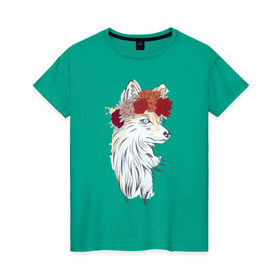 Женская футболка хлопок с принтом Лиса в Новосибирске, 100% хлопок | прямой крой, круглый вырез горловины, длина до линии бедер, слегка спущенное плечо | Тематика изображения на принте: fox | животные | лиса | лисичка | лисы | осень | рыжая | фыр фыр | цветы