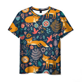Мужская футболка 3D с принтом Лисички паттерн в Новосибирске, 100% полиэфир | прямой крой, круглый вырез горловины, длина до линии бедер | fox | животные | лиса | лисичка | лисы | осень | рыжая | фыр фыр | цветы