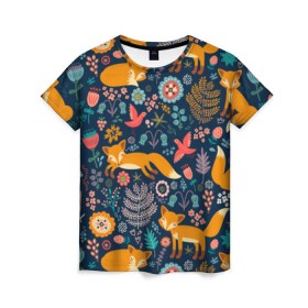 Женская футболка 3D с принтом Лисички паттерн в Новосибирске, 100% полиэфир ( синтетическое хлопкоподобное полотно) | прямой крой, круглый вырез горловины, длина до линии бедер | fox | животные | лиса | лисичка | лисы | осень | рыжая | фыр фыр | цветы