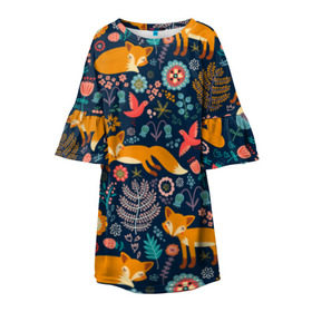 Детское платье 3D с принтом Лисички паттерн в Новосибирске, 100% полиэстер | прямой силуэт, чуть расширенный к низу. Круглая горловина, на рукавах — воланы | fox | животные | лиса | лисичка | лисы | осень | рыжая | фыр фыр | цветы