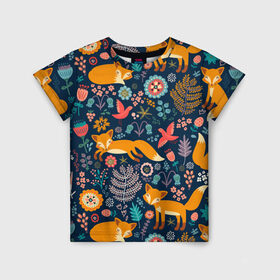 Детская футболка 3D с принтом Лисички паттерн в Новосибирске, 100% гипоаллергенный полиэфир | прямой крой, круглый вырез горловины, длина до линии бедер, чуть спущенное плечо, ткань немного тянется | Тематика изображения на принте: fox | животные | лиса | лисичка | лисы | осень | рыжая | фыр фыр | цветы