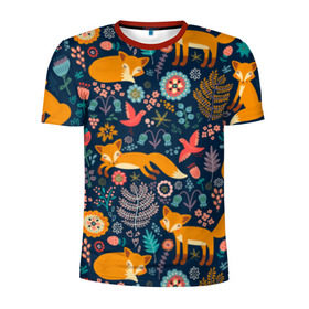 Мужская футболка 3D спортивная с принтом Лисички паттерн в Новосибирске, 100% полиэстер с улучшенными характеристиками | приталенный силуэт, круглая горловина, широкие плечи, сужается к линии бедра | Тематика изображения на принте: fox | животные | лиса | лисичка | лисы | осень | рыжая | фыр фыр | цветы