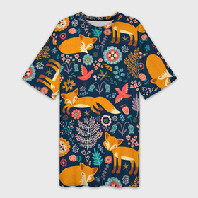 Платье-футболка 3D с принтом Лисички паттерн в Новосибирске,  |  | fox | животные | лиса | лисичка | лисы | осень | рыжая | фыр фыр | цветы