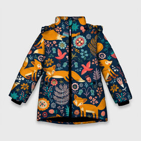 Зимняя куртка для девочек 3D с принтом Лисички паттерн в Новосибирске, ткань верха — 100% полиэстер; подклад — 100% полиэстер, утеплитель — 100% полиэстер. | длина ниже бедра, удлиненная спинка, воротник стойка и отстегивающийся капюшон. Есть боковые карманы с листочкой на кнопках, утяжки по низу изделия и внутренний карман на молнии. 

Предусмотрены светоотражающий принт на спинке, радужный светоотражающий элемент на пуллере молнии и на резинке для утяжки. | fox | животные | лиса | лисичка | лисы | осень | рыжая | фыр фыр | цветы