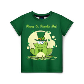 Детская футболка 3D с принтом Ирландия в Новосибирске, 100% гипоаллергенный полиэфир | прямой крой, круглый вырез горловины, длина до линии бедер, чуть спущенное плечо, ткань немного тянется | Тематика изображения на принте: clover | frog | green | happy st. patricks day | ireland | irish | moon | день святого патрика | зелёная | ирландец | ирландия | клевер | луна | лягушка | счастливый | шляпа