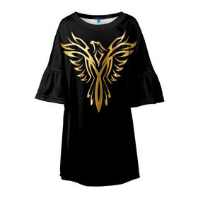 Детское платье 3D с принтом Gold Phoenix в Новосибирске, 100% полиэстер | прямой силуэт, чуть расширенный к низу. Круглая горловина, на рукавах — воланы | Тематика изображения на принте: злато | золото | клюв | крылья | металл | орёл | птица | феникс
