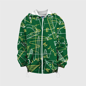 Детская куртка 3D с принтом Геометрия в Новосибирске, 100% полиэстер | застежка — молния, подол и капюшон оформлены резинкой с фиксаторами, по бокам — два кармана без застежек, один потайной карман на груди, плотность верхнего слоя — 90 г/м2; плотность флисового подклада — 260 г/м2 | background | board | charts | cube | geometry theorems | green | numbers | protractor | school | symbols | геометрия | доска | зеленый | знаки | куб | схемы | теоремы | транспортир | фон | циркуль | цифры | школьная