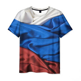 Мужская футболка 3D с принтом Триколор в Новосибирске, 100% полиэфир | прямой крой, круглый вырез горловины, длина до линии бедер | белый | красный | синий | складки | текстура | ткань