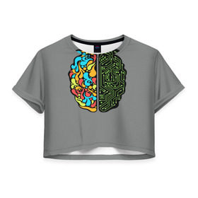 Женская футболка 3D укороченная с принтом Мужское и женское в Новосибирске, 100% полиэстер | круглая горловина, длина футболки до линии талии, рукава с отворотами | iq | интеллект | искусство | логика | мозг | плата | полушарие | творчество | ум