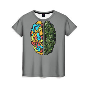 Женская футболка 3D с принтом Мужское и женское в Новосибирске, 100% полиэфир ( синтетическое хлопкоподобное полотно) | прямой крой, круглый вырез горловины, длина до линии бедер | iq | интеллект | искусство | логика | мозг | плата | полушарие | творчество | ум