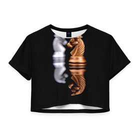 Женская футболка 3D укороченная с принтом Ход конём в Новосибирске, 100% полиэстер | круглая горловина, длина футболки до линии талии, рукава с отворотами | 64 | chess | игра | конь | спорт | фигура | шахматы