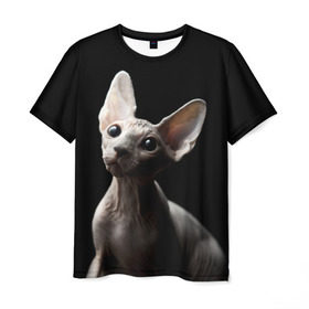 Мужская футболка 3D с принтом Сфинкс в Новосибирске, 100% полиэфир | прямой крой, круглый вырез горловины, длина до линии бедер | Тематика изображения на принте: black | cat | взгляд | кот | котик | котэ | кошка | сфинкс | уши | черный