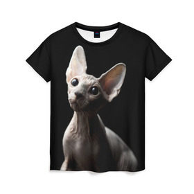 Женская футболка 3D с принтом Сфинкс в Новосибирске, 100% полиэфир ( синтетическое хлопкоподобное полотно) | прямой крой, круглый вырез горловины, длина до линии бедер | black | cat | взгляд | кот | котик | котэ | кошка | сфинкс | уши | черный