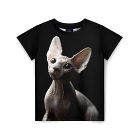 Детская футболка 3D с принтом Сфинкс в Новосибирске, 100% гипоаллергенный полиэфир | прямой крой, круглый вырез горловины, длина до линии бедер, чуть спущенное плечо, ткань немного тянется | black | cat | взгляд | кот | котик | котэ | кошка | сфинкс | уши | черный