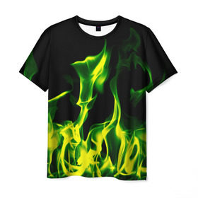 Мужская футболка 3D с принтом Зелёный огонь в Новосибирске, 100% полиэфир | прямой крой, круглый вырез горловины, длина до линии бедер | Тематика изображения на принте: пламя | черный | яркий
