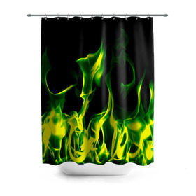 Штора 3D для ванной с принтом Зелёный огонь в Новосибирске, 100% полиэстер | плотность материала — 100 г/м2. Стандартный размер — 146 см х 180 см. По верхнему краю — пластиковые люверсы для креплений. В комплекте 10 пластиковых колец | Тематика изображения на принте: пламя | черный | яркий