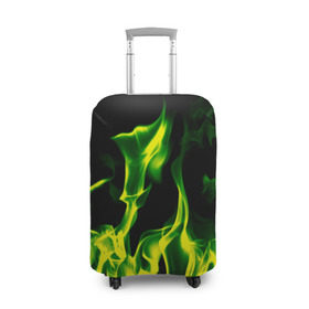 Чехол для чемодана 3D с принтом Зелёный огонь в Новосибирске, 86% полиэфир, 14% спандекс | двустороннее нанесение принта, прорези для ручек и колес | пламя | черный | яркий