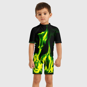 Детский купальный костюм 3D с принтом Зелёный огонь в Новосибирске, Полиэстер 85%, Спандекс 15% | застежка на молнии на спине | Тематика изображения на принте: пламя | черный | яркий