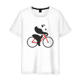 Мужская футболка хлопок с принтом Панда на велосипеде в Новосибирске, 100% хлопок | прямой крой, круглый вырез горловины, длина до линии бедер, слегка спущенное плечо. | велик | велосипед | медведь | мишка | панда