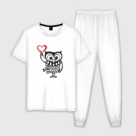 Мужская пижама хлопок с принтом Сова с сердцем в Новосибирске, 100% хлопок | брюки и футболка прямого кроя, без карманов, на брюках мягкая резинка на поясе и по низу штанин
 | owl | сова | совушка