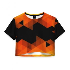 Женская футболка 3D укороченная с принтом Trianse Orange в Новосибирске, 100% полиэстер | круглая горловина, длина футболки до линии талии, рукава с отворотами | оранжевый | полигоны | треугольники | черный
