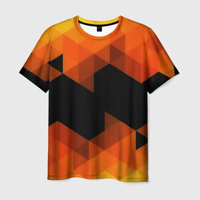 Мужская футболка 3D с принтом Trianse Orange в Новосибирске, 100% полиэфир | прямой крой, круглый вырез горловины, длина до линии бедер | Тематика изображения на принте: оранжевый | полигоны | треугольники | черный