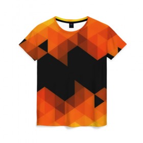 Женская футболка 3D с принтом Trianse Orange в Новосибирске, 100% полиэфир ( синтетическое хлопкоподобное полотно) | прямой крой, круглый вырез горловины, длина до линии бедер | Тематика изображения на принте: оранжевый | полигоны | треугольники | черный