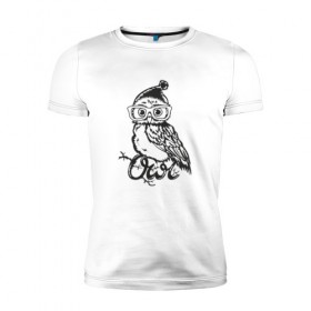 Мужская футболка премиум с принтом Сова в шапке в Новосибирске, 92% хлопок, 8% лайкра | приталенный силуэт, круглый вырез ворота, длина до линии бедра, короткий рукав | bird | owl | няша | птица | сова | совунья | совушка | сыч