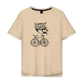 Мужская футболка хлопок Oversize с принтом Сова на велосипеде в Новосибирске, 100% хлопок | свободный крой, круглый ворот, “спинка” длиннее передней части | Тематика изображения на принте: bird | owl | няша | птица | сова | совунья | совушка | сыч
