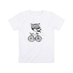 Детская футболка хлопок с принтом Сова на велосипеде в Новосибирске, 100% хлопок | круглый вырез горловины, полуприлегающий силуэт, длина до линии бедер | bird | owl | няша | птица | сова | совунья | совушка | сыч