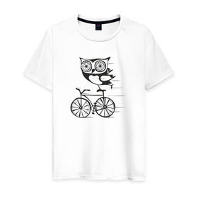 Мужская футболка хлопок с принтом Сова на велосипеде в Новосибирске, 100% хлопок | прямой крой, круглый вырез горловины, длина до линии бедер, слегка спущенное плечо. | Тематика изображения на принте: bird | owl | няша | птица | сова | совунья | совушка | сыч
