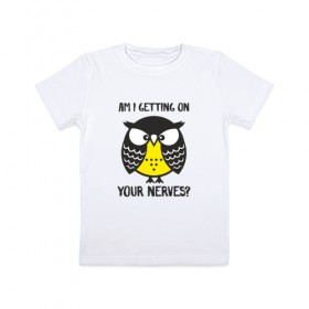 Детская футболка хлопок с принтом Нервная сова в Новосибирске, 100% хлопок | круглый вырез горловины, полуприлегающий силуэт, длина до линии бедер | Тематика изображения на принте: bird | owl | няша | птица | сова | совунья | совушка | сыч